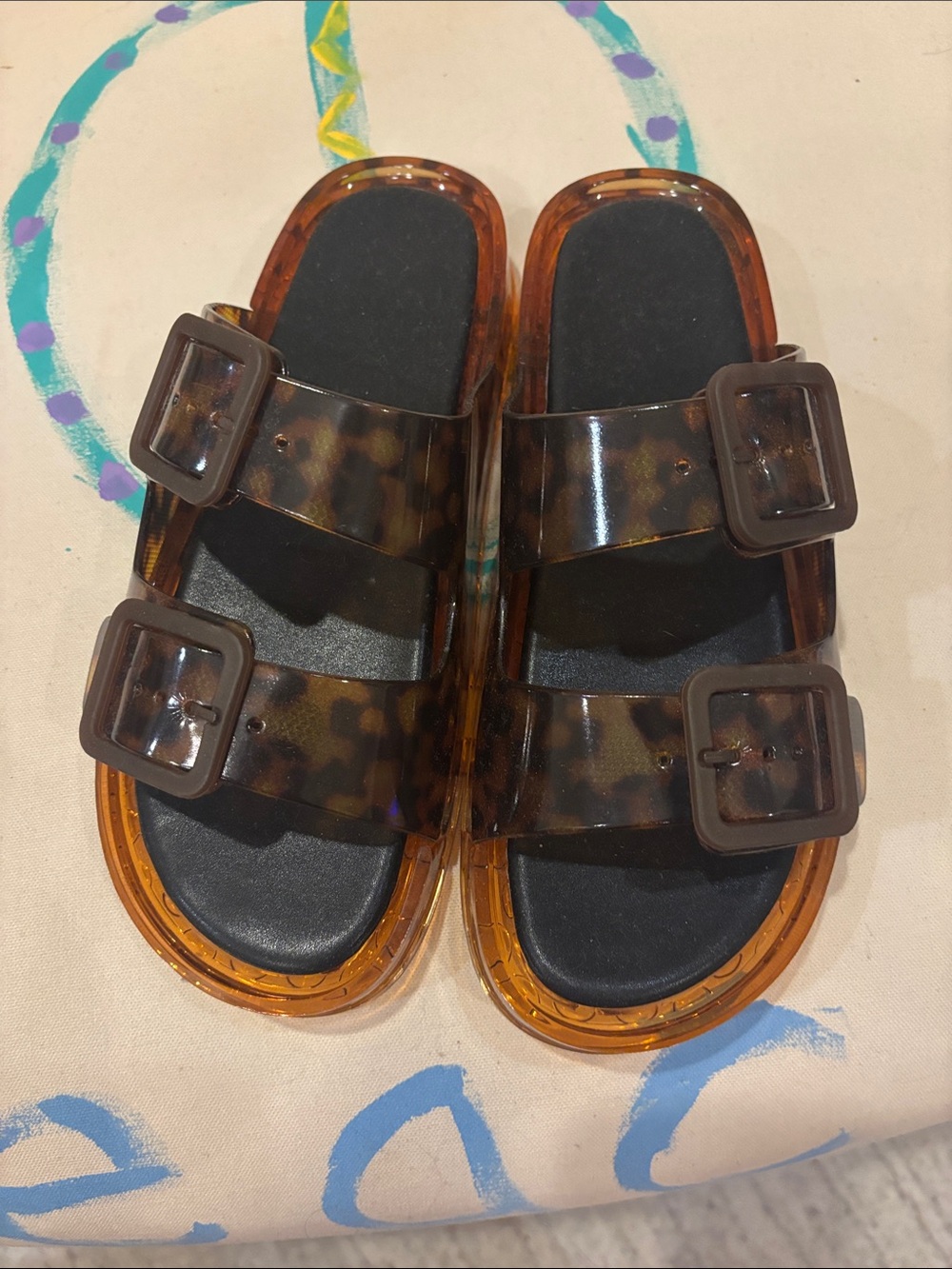 Womens Tortoiseshell Double-Buckle Slide Sandals
